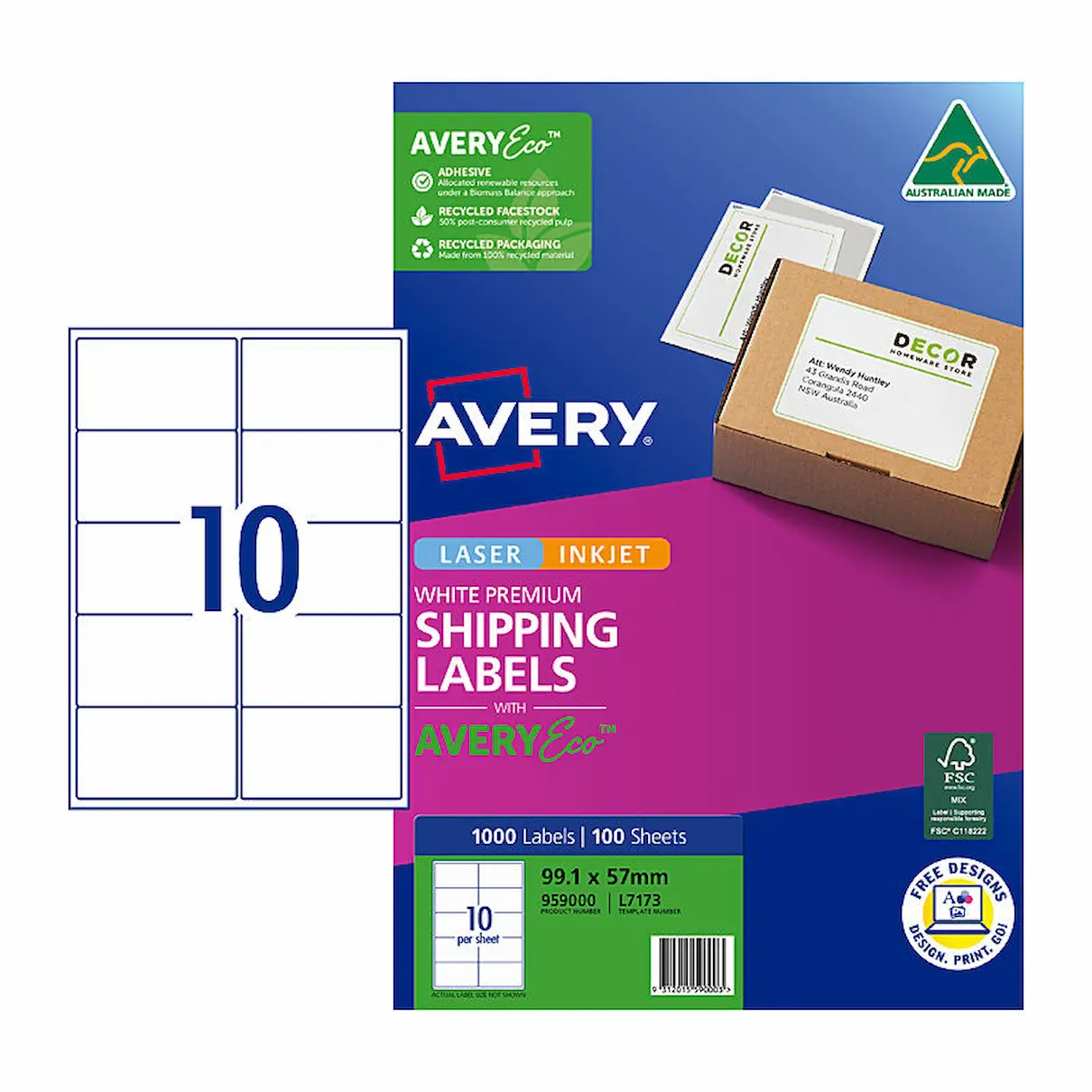 Avery Eco L7173 10up Shipping Labels, pk 100 sheets