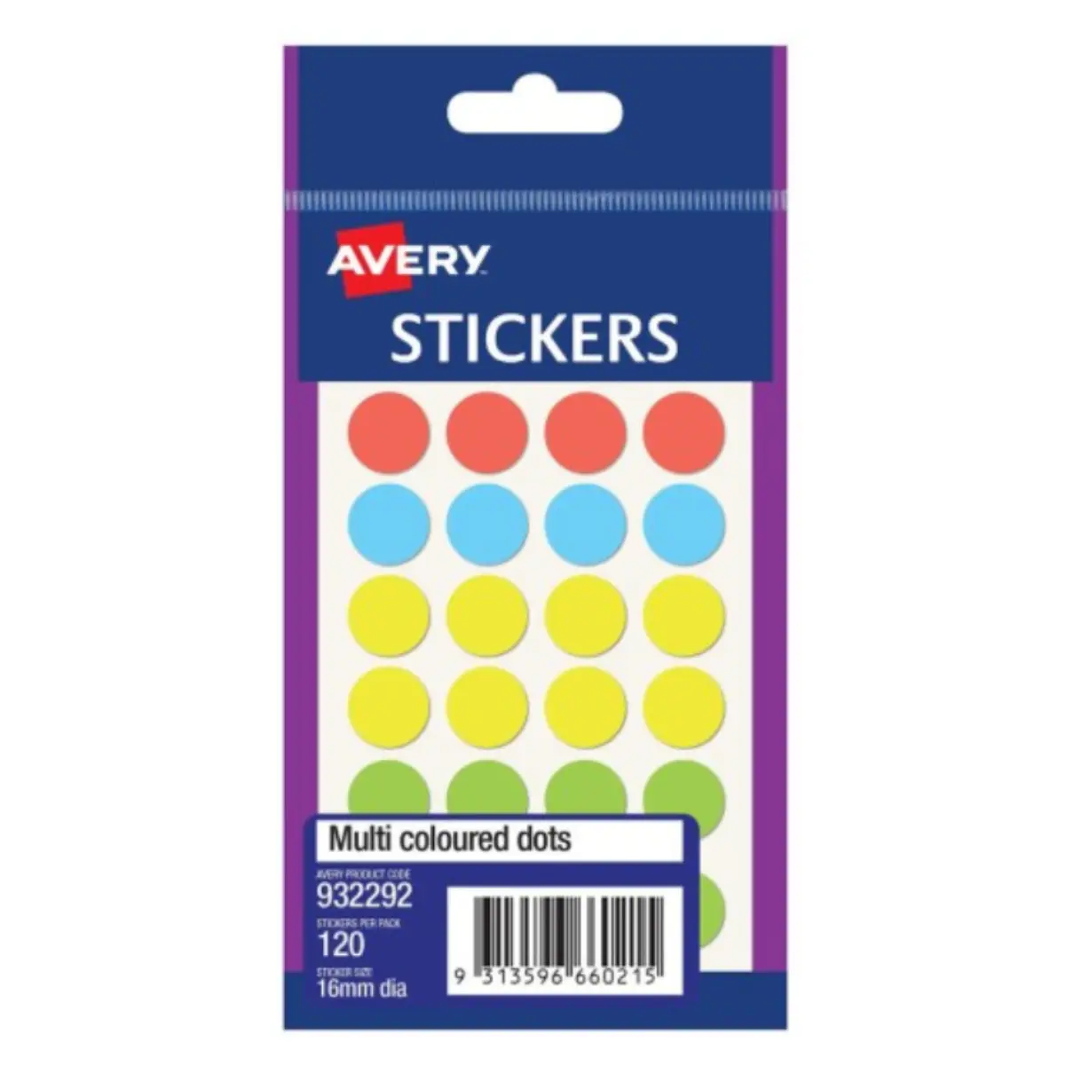 Avery Stickers, multi assorted 16mm dots, pk 120