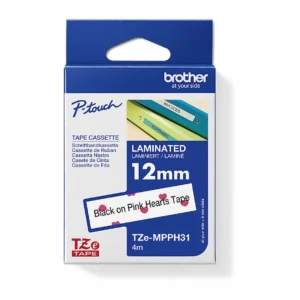 Brother TZe-MPPH31 12mm Black on Pink Hearts Label Tape