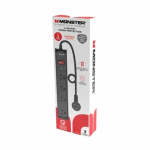Monster 4 socket surge protector powerboard, black, boxed