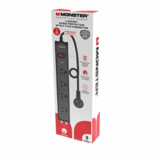 Monster 4 socket powerboard with f connectors, black, boxed