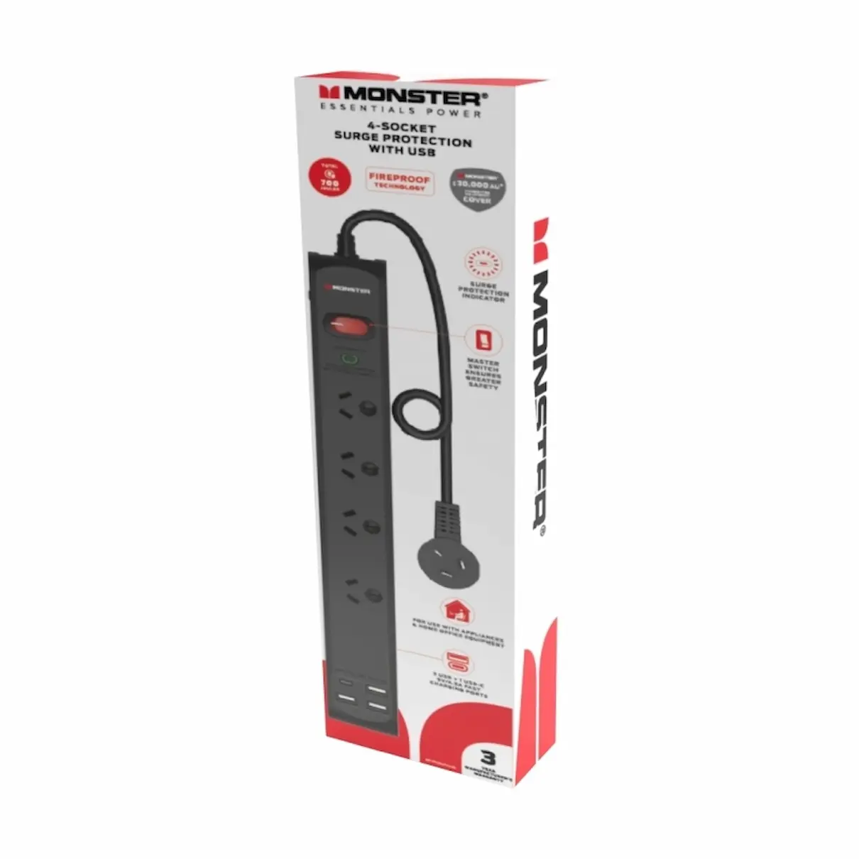 Monster 4 socket powerboard with usb ports, black, corded