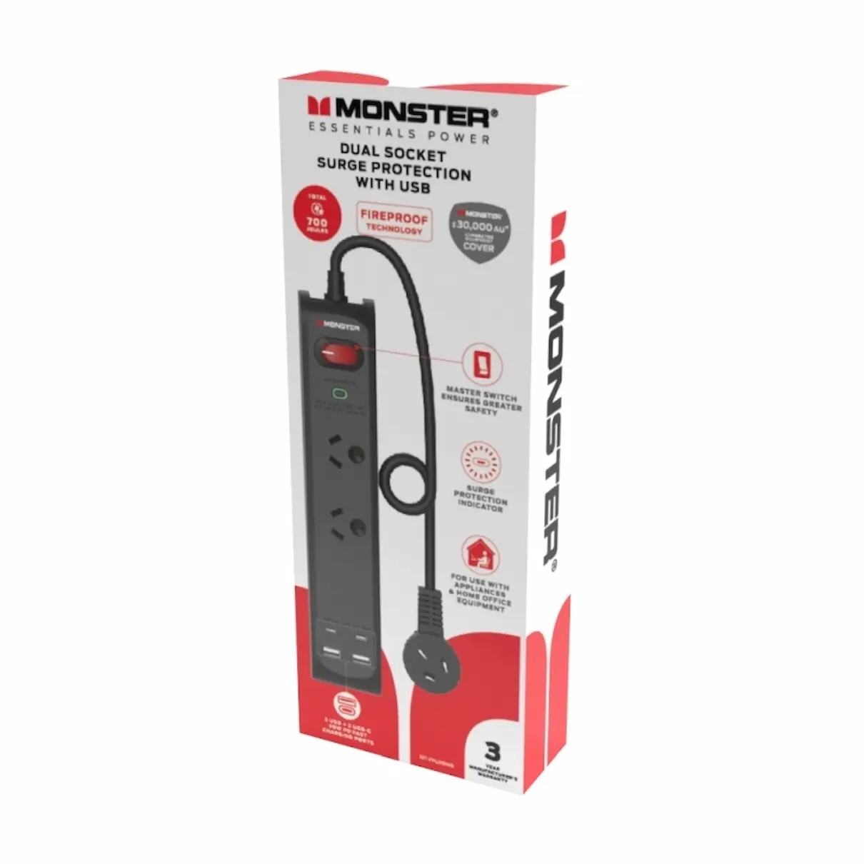 Monster dual socket surge protector, usb ports, boxed