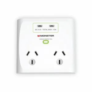 Monster dual socket surge protector with usb ports, white
