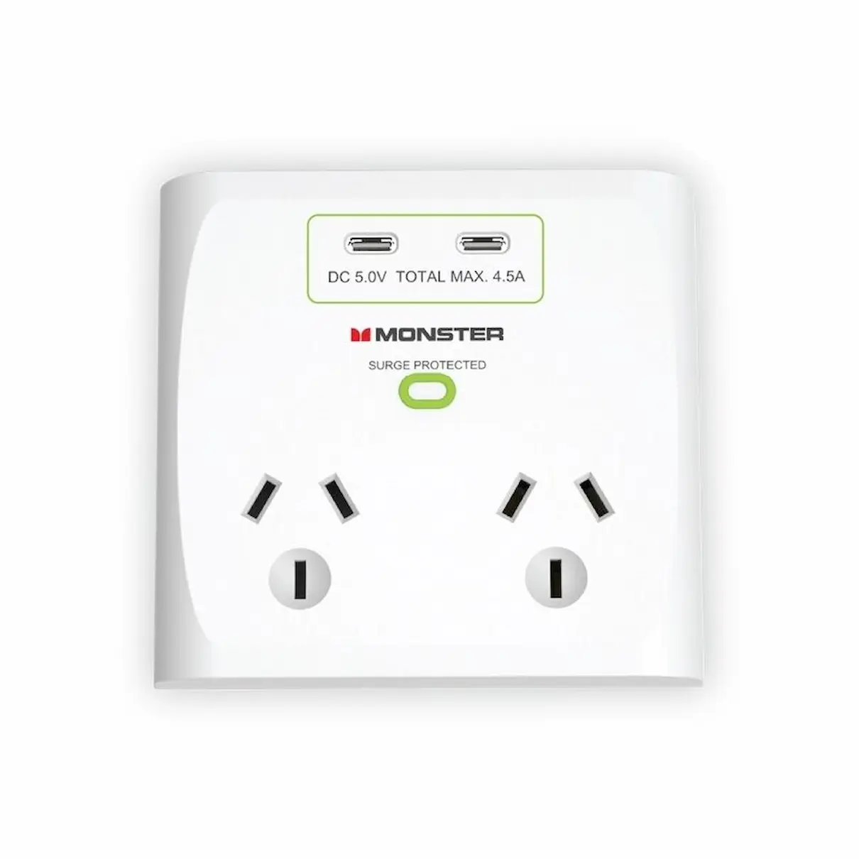 Monster dual socket surge protector with usb ports, white