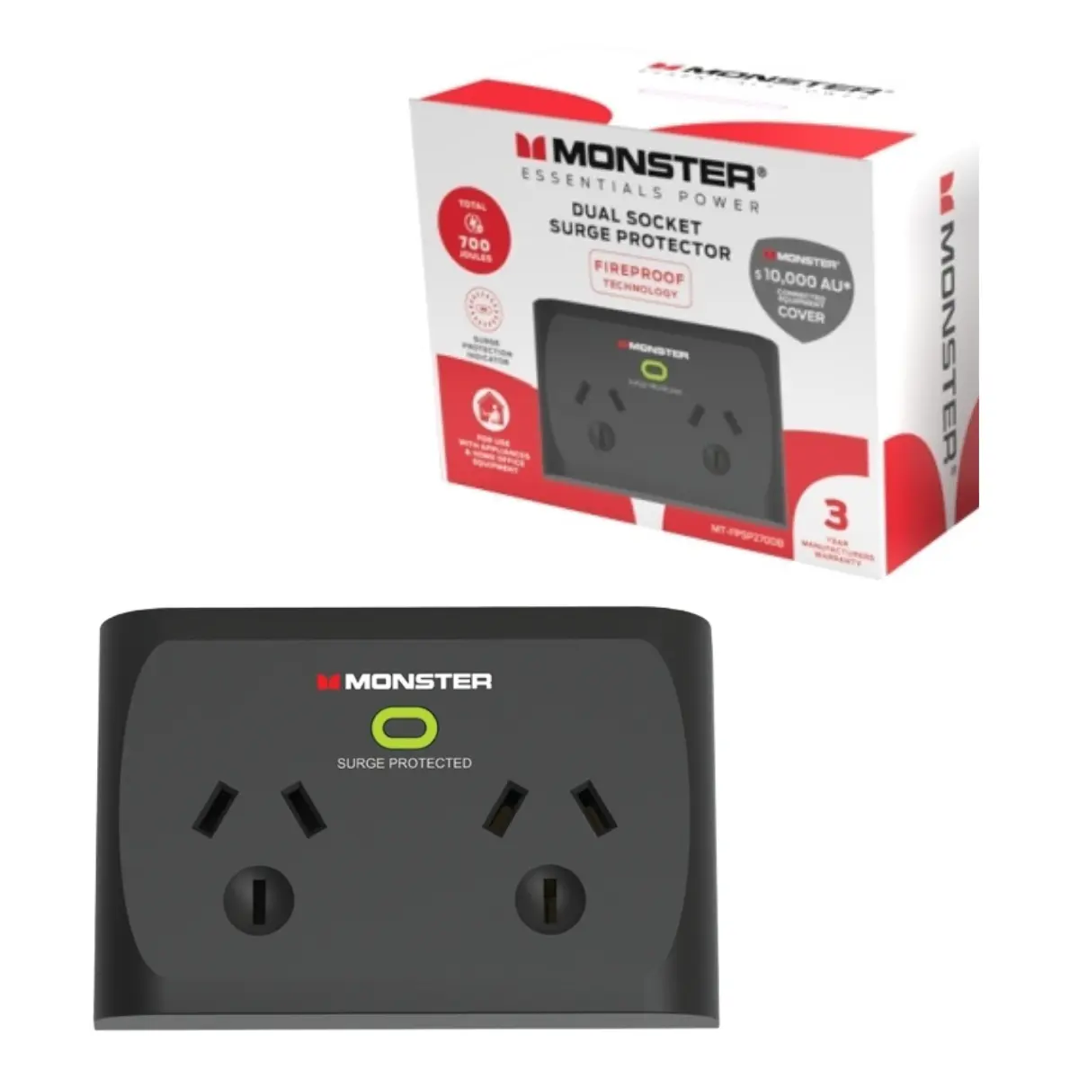 Monster dual socket surge protector, black, boxed