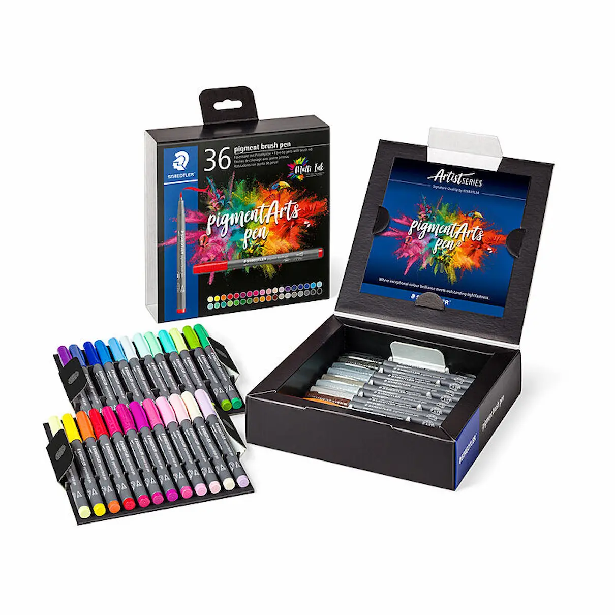 Staedtler Pigment Brush Pens, 371, Pack 36, trays