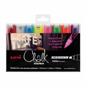 Uni Chalk Markers Chisel, Assorted Colours, Pack 8