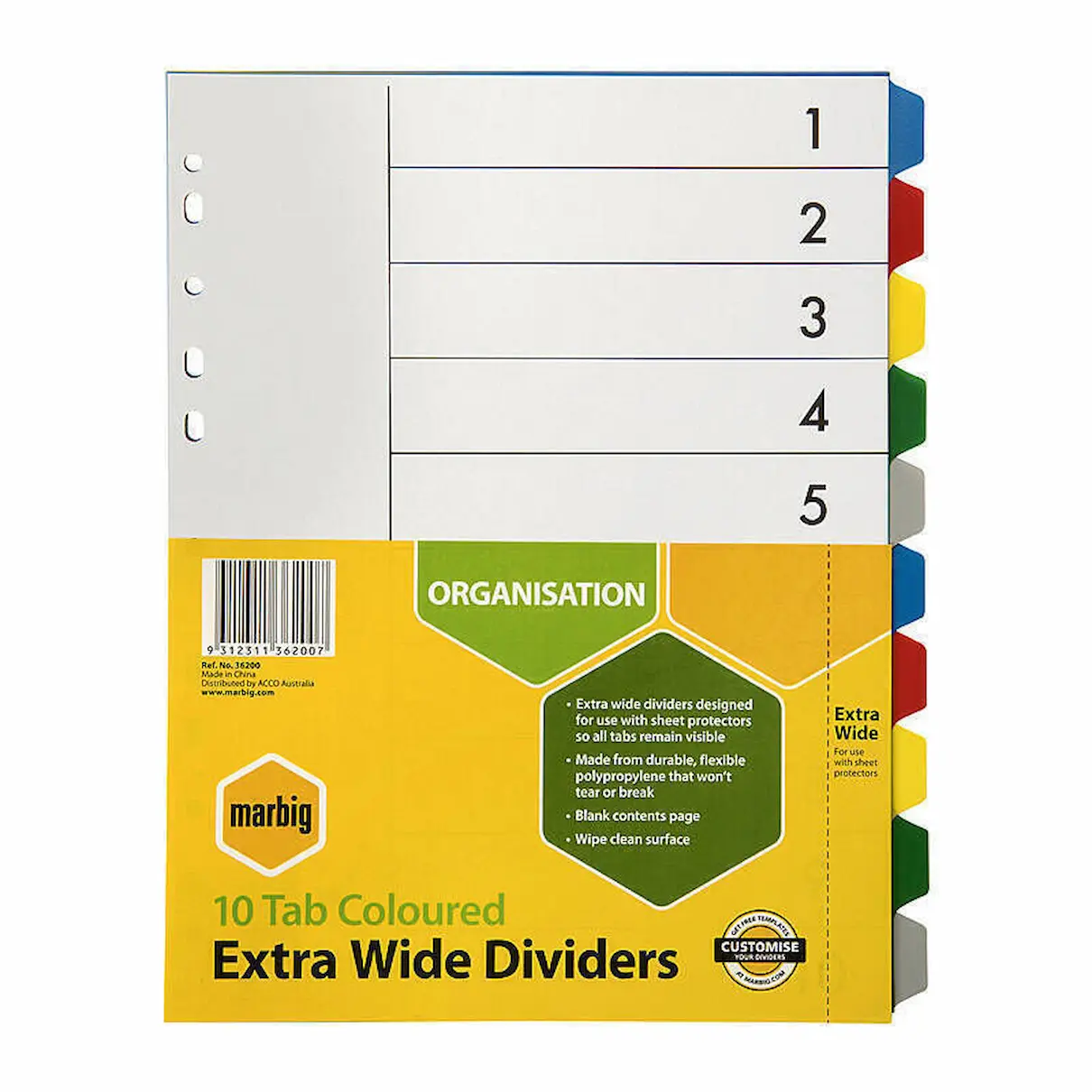 Marbig 10 Tab Dividers Extra Wide Colour
