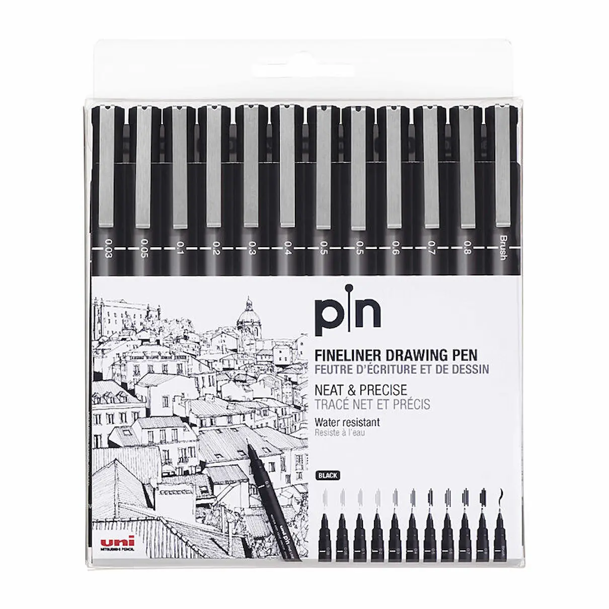Uni Pin Black Fineliners Assorted Pack 12