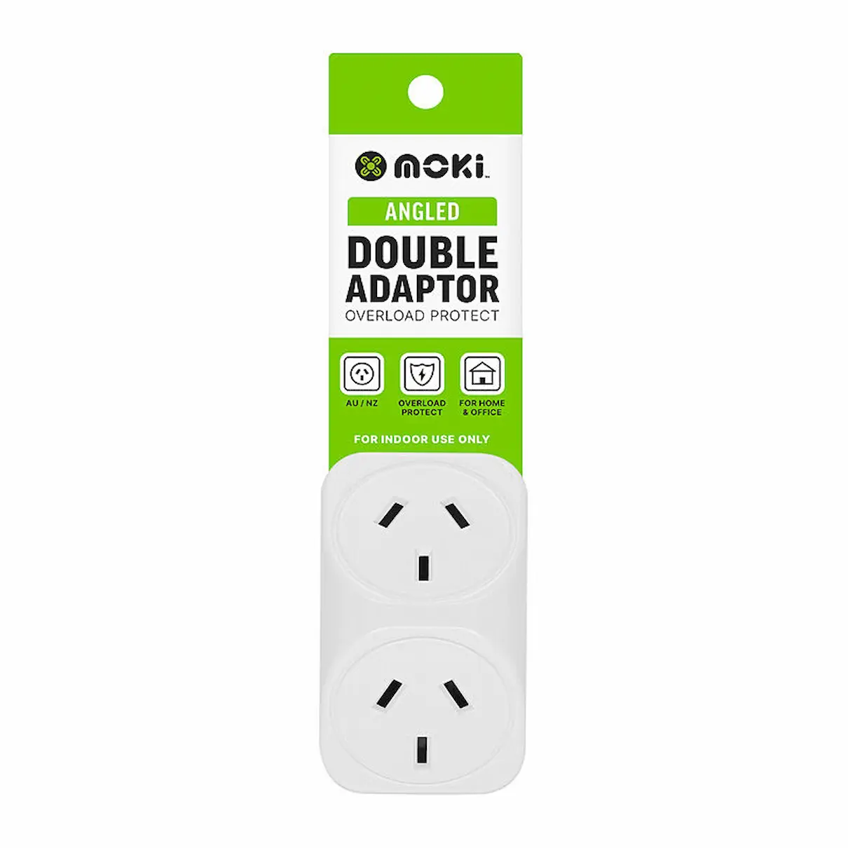Moki Angled Double Power Adaptor, packaged